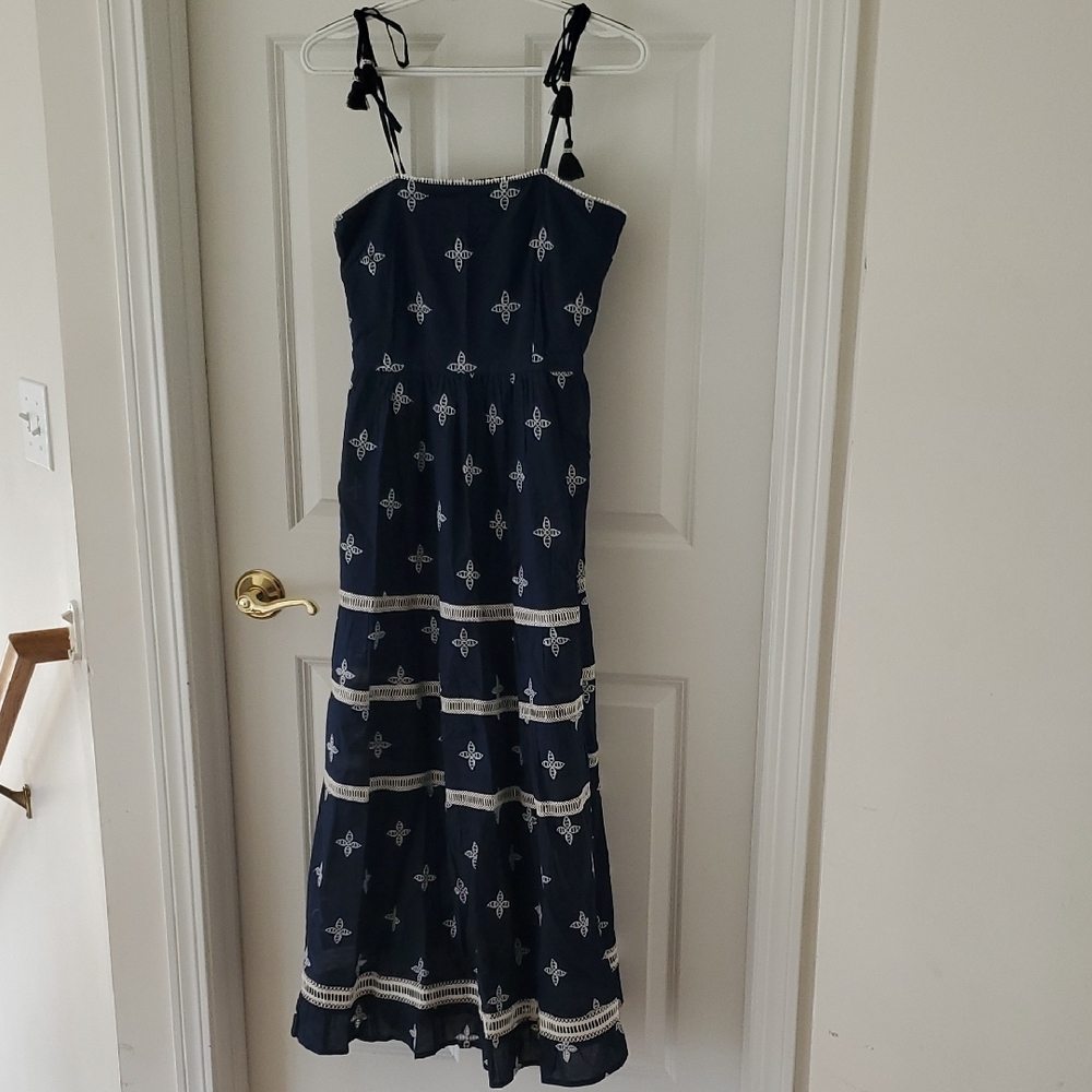 New! La Plage Beauford Strappy Navy Blue/ White Eyelet Maxi Dress Size S